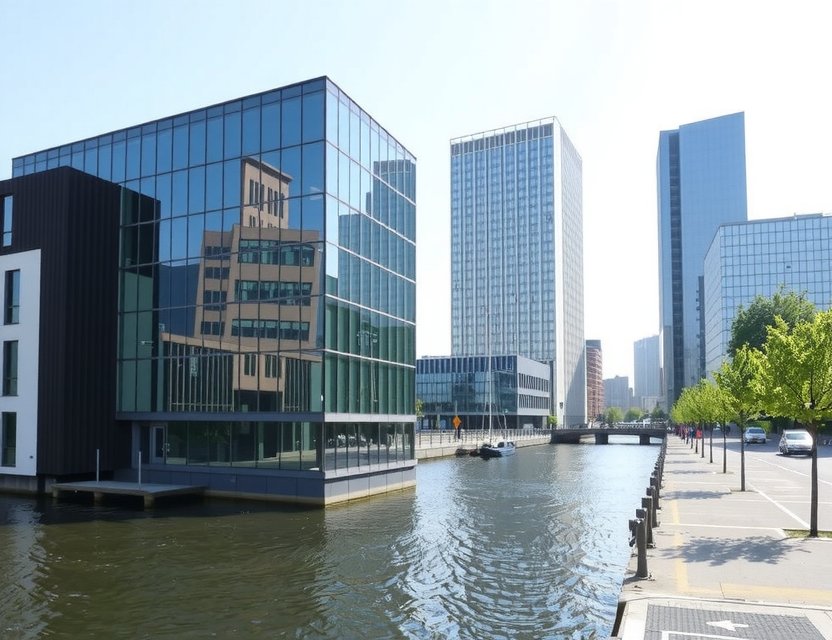 PlayLexoca office building in Rotterdam, a modern glass facade reflecting the urban canal setting
